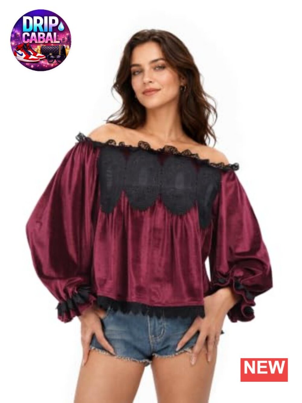 Womens Off Shoulder Velvet Blouse Gothic Lace Top Vintage Long Sleeve Loose Fit